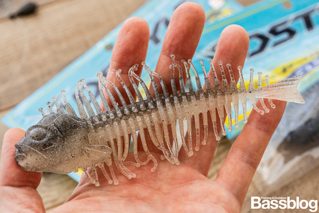 手に持った時のギーラカンス5.8インチの大きさ。圧倒的な集魚力を持つ。